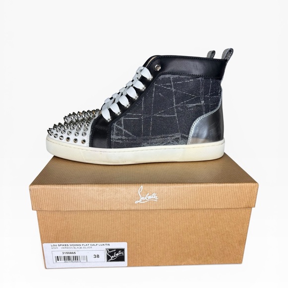 Christian Louboutin Women's High-Top Spike-Stud Sneakers - Black/White Size 8 - Picture 4 of 10